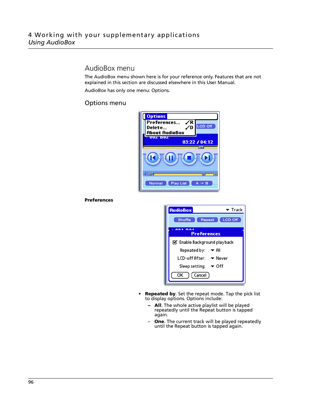 Acer s60, s50 user manual AudioBox menu, Options menu 