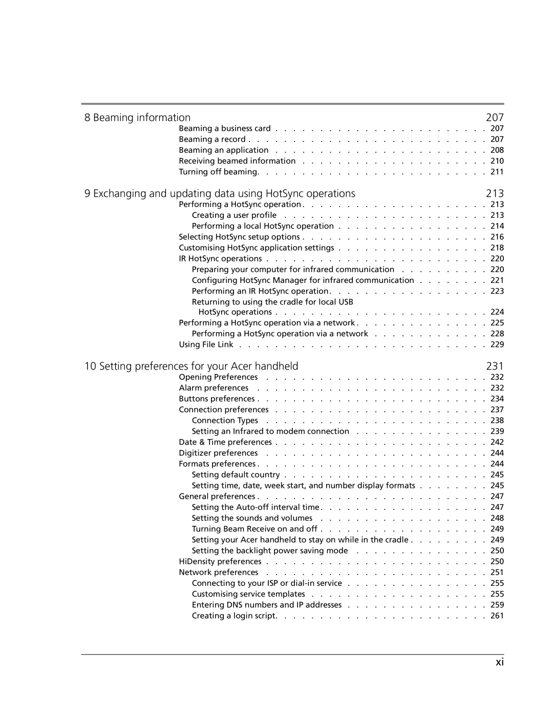 Acer s50, s60 user manual Beaming information 207, 213, Setting preferences for your Acer handheld 231 