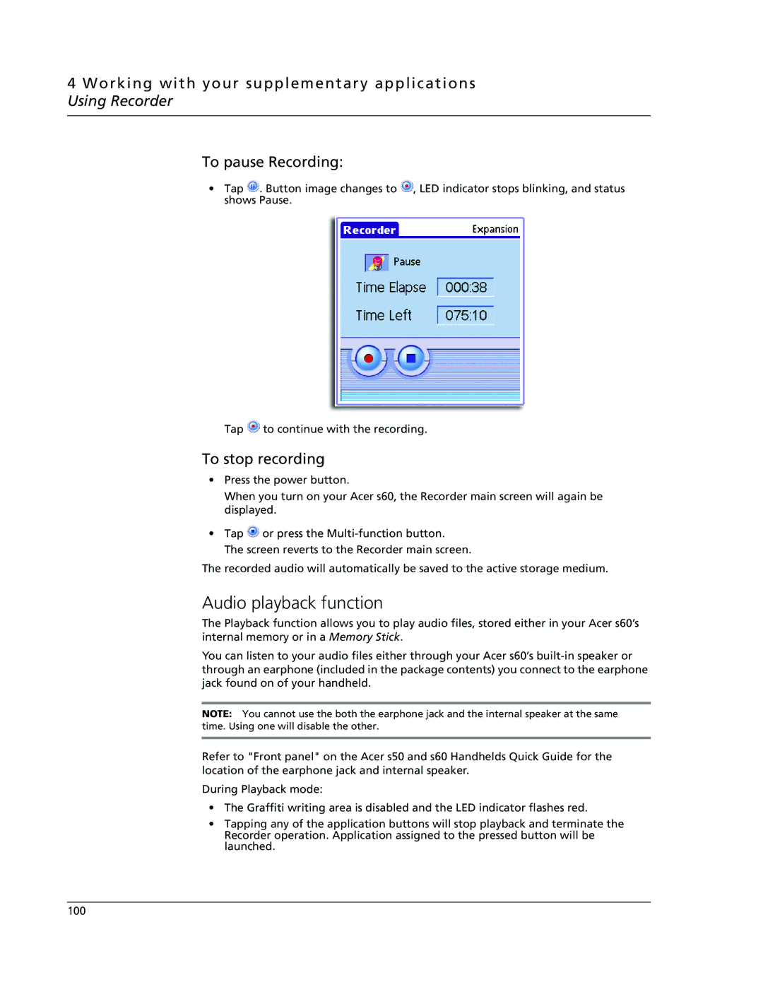 Acer s60, s50 user manual Audio playback function, To stop recording 