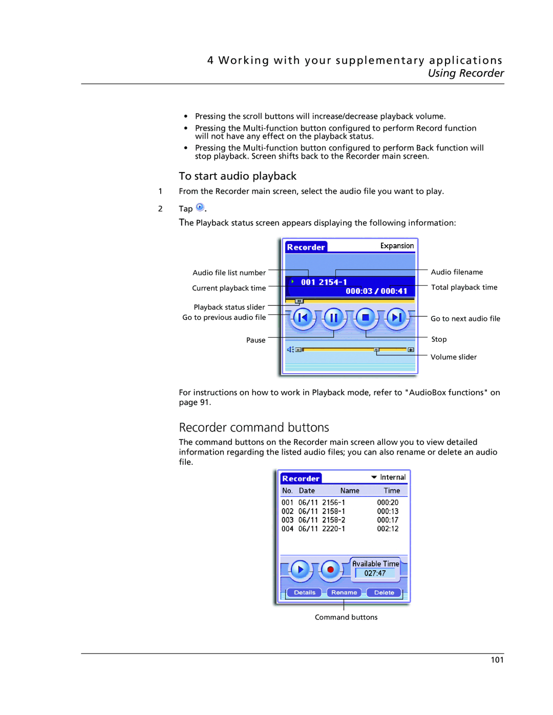 Acer s50, s60 user manual Recorder command buttons, To start audio playback 