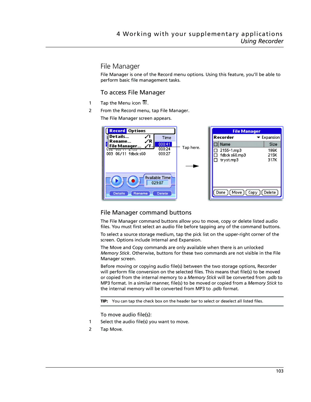 Acer s50, s60 user manual To access File Manager, File Manager command buttons, To move audio files 