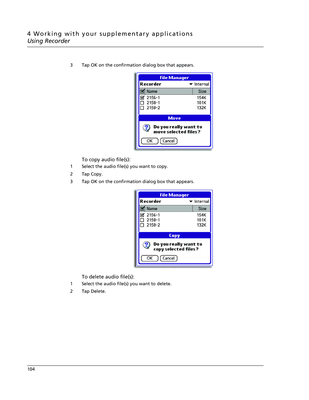 Acer s60, s50 user manual To copy audio files, To delete audio files 