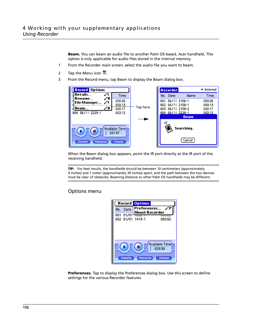 Acer s60, s50 user manual Options menu 