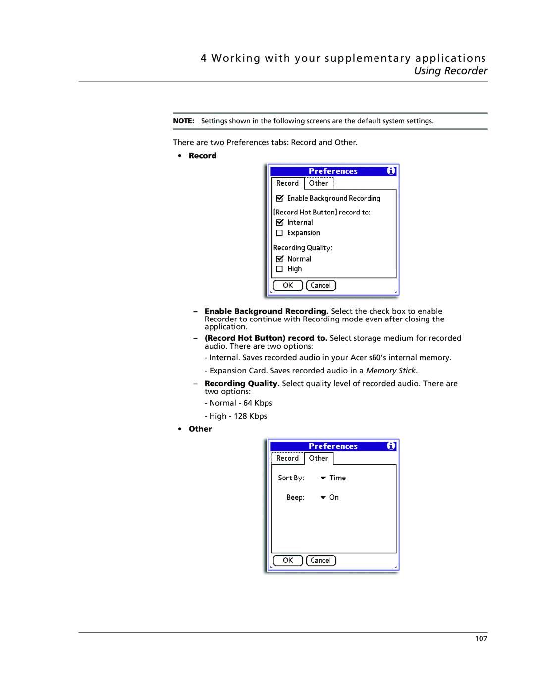 Acer s50, s60 user manual Record, Other 