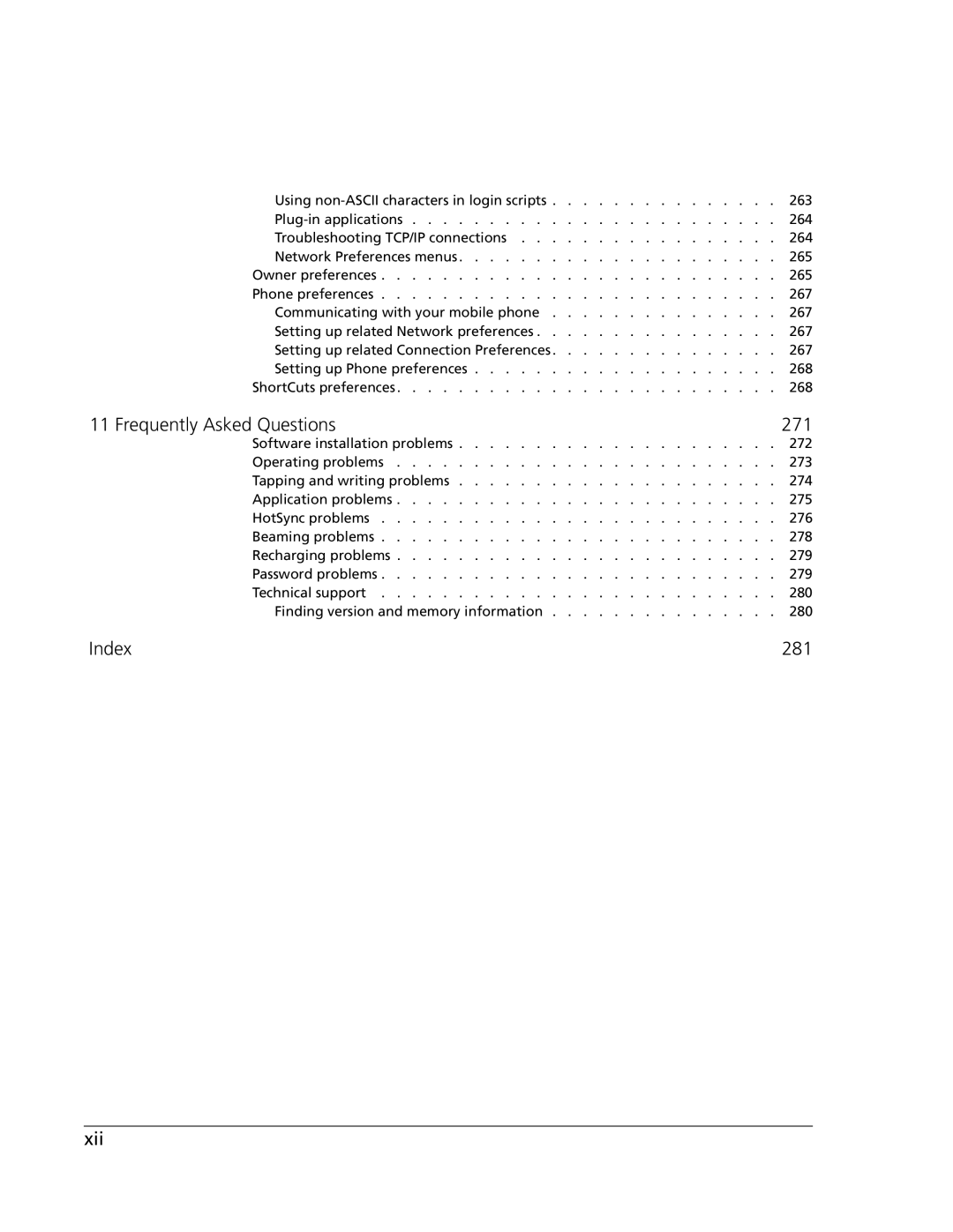 Acer s60, s50 user manual Frequently Asked Questions 271, Index 281 Xii 