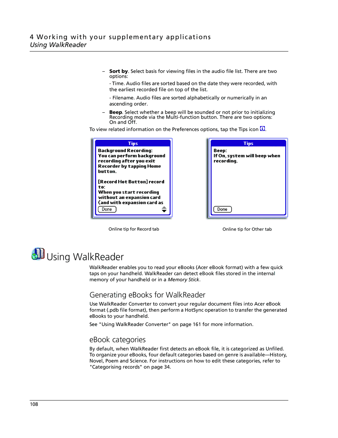 Acer s60, s50 user manual Using WalkReader, Generating eBooks for WalkReader, EBook categories 