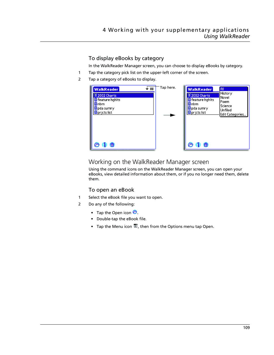 Acer s50, s60 user manual Working on the WalkReader Manager screen, To open an eBook 