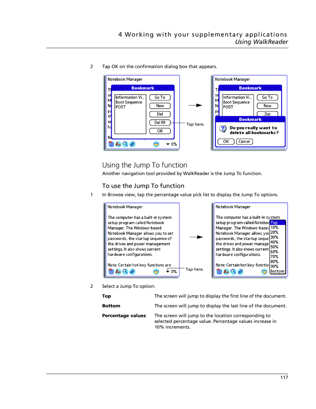 Acer s50, s60 user manual Using the Jump To function, To use the Jump To function, Top, Bottom, Percentage values 