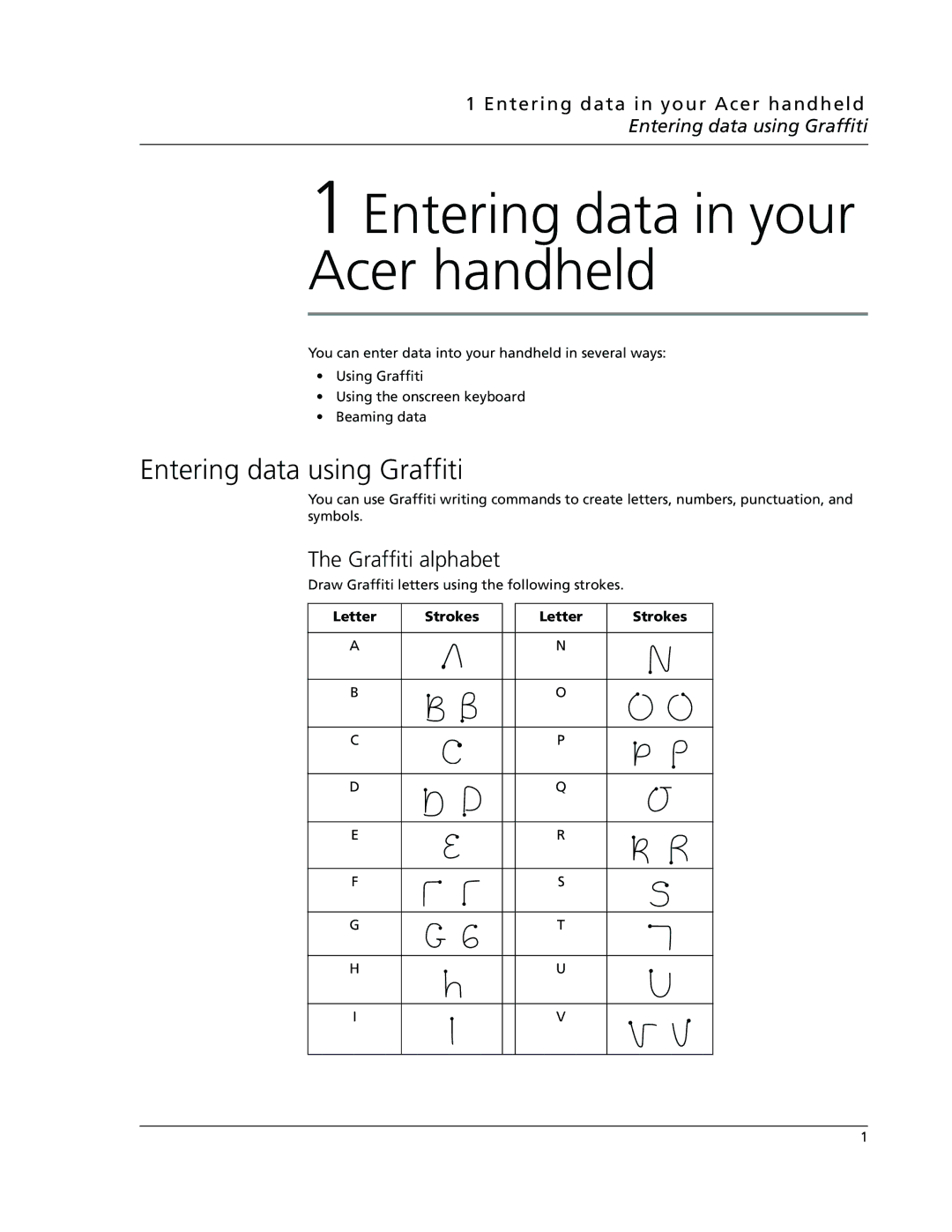 Acer s50, s60 user manual Entering data using Graffiti, Graffiti alphabet, Letter Strokes 