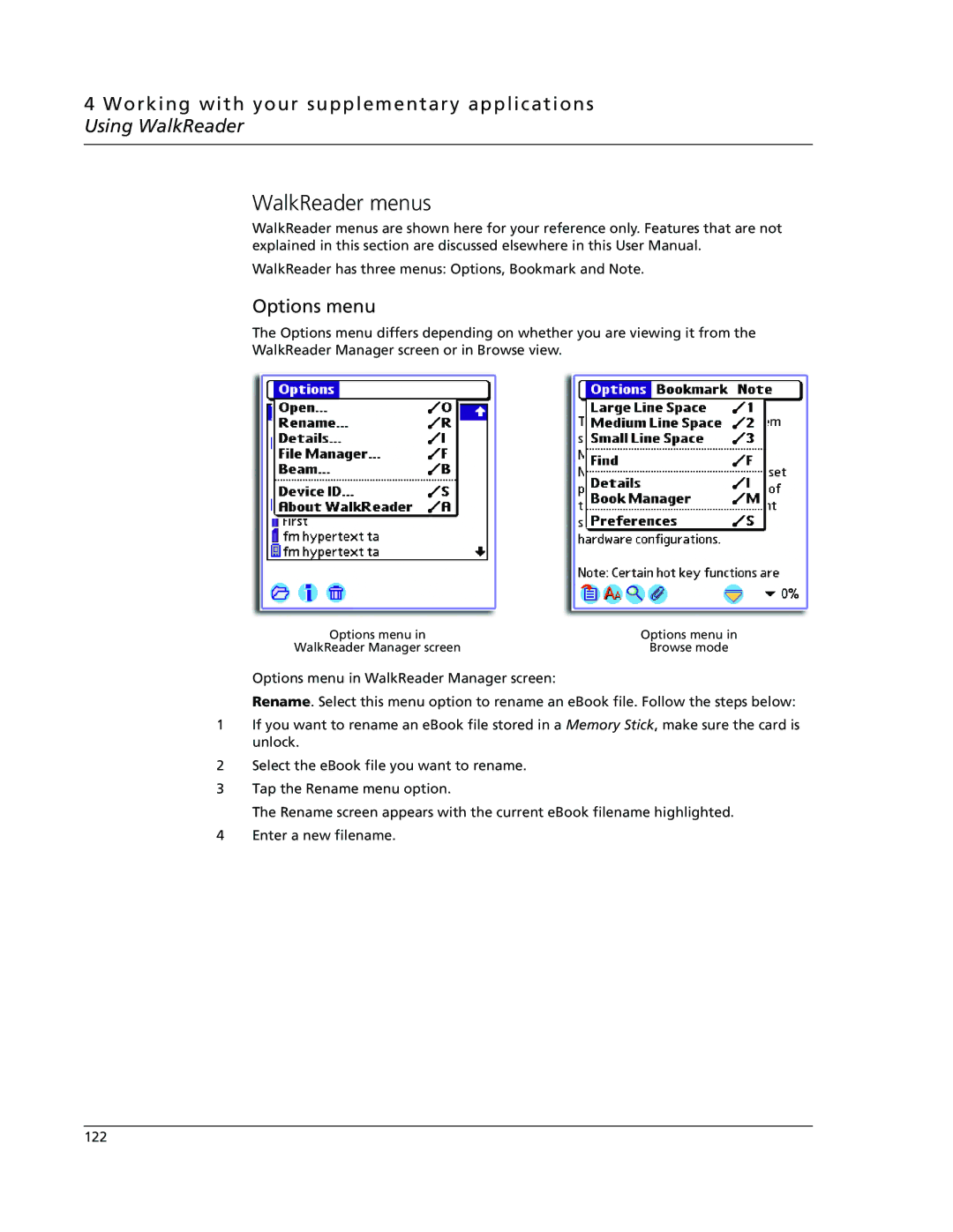 Acer s60, s50 user manual WalkReader menus, Options menu 