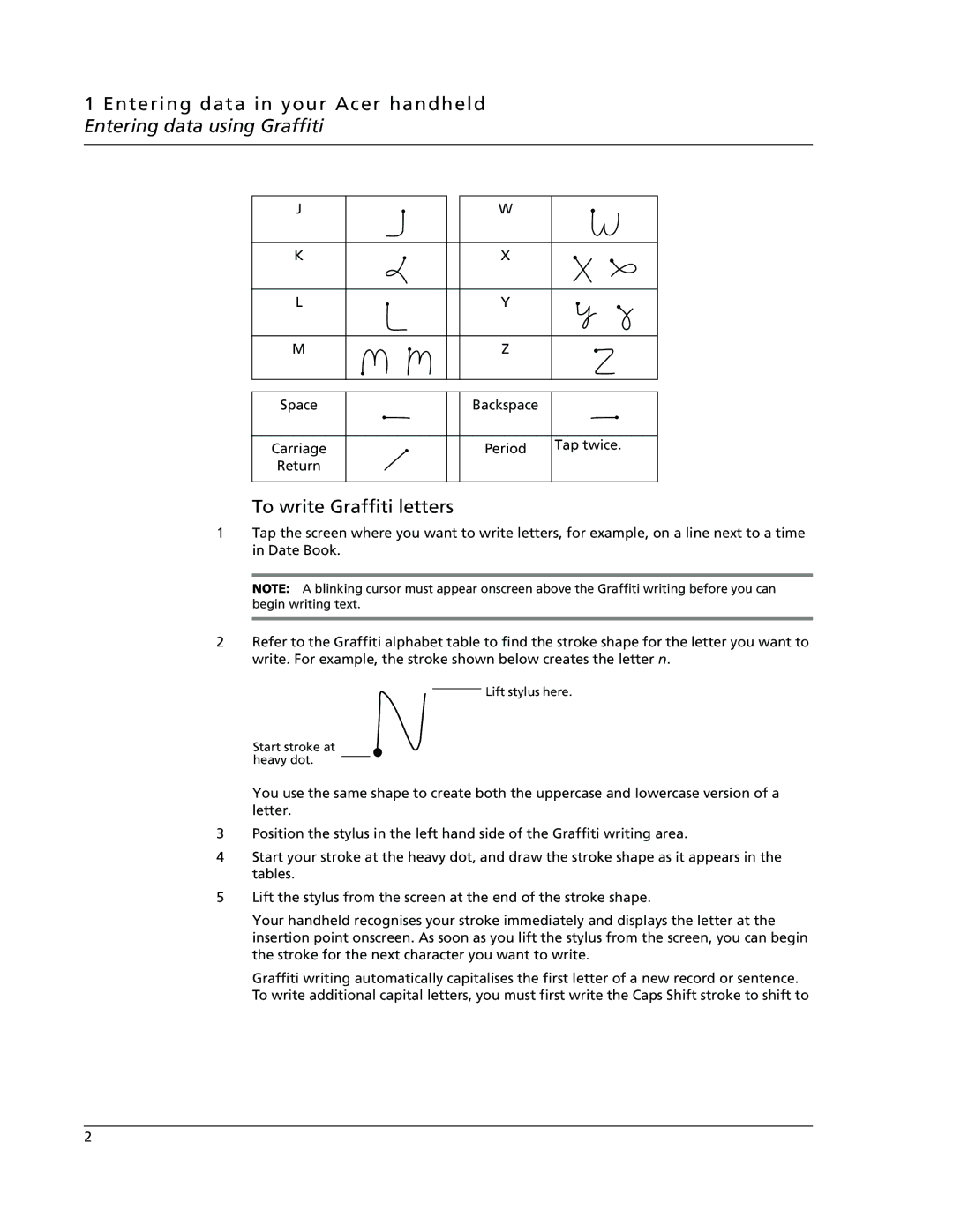 Acer s60, s50 user manual To write Graffiti letters 