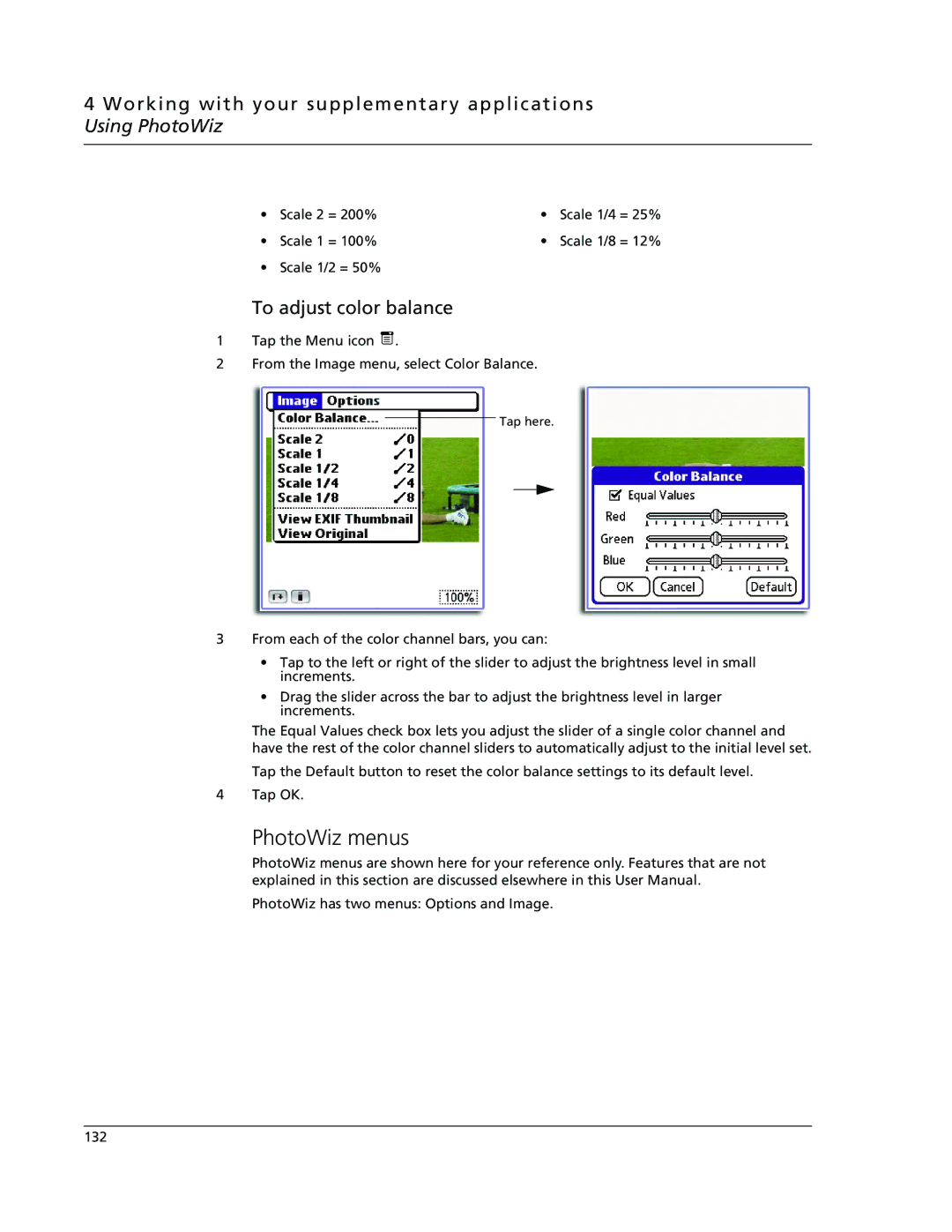 Acer s60, s50 user manual PhotoWiz menus, To adjust color balance 