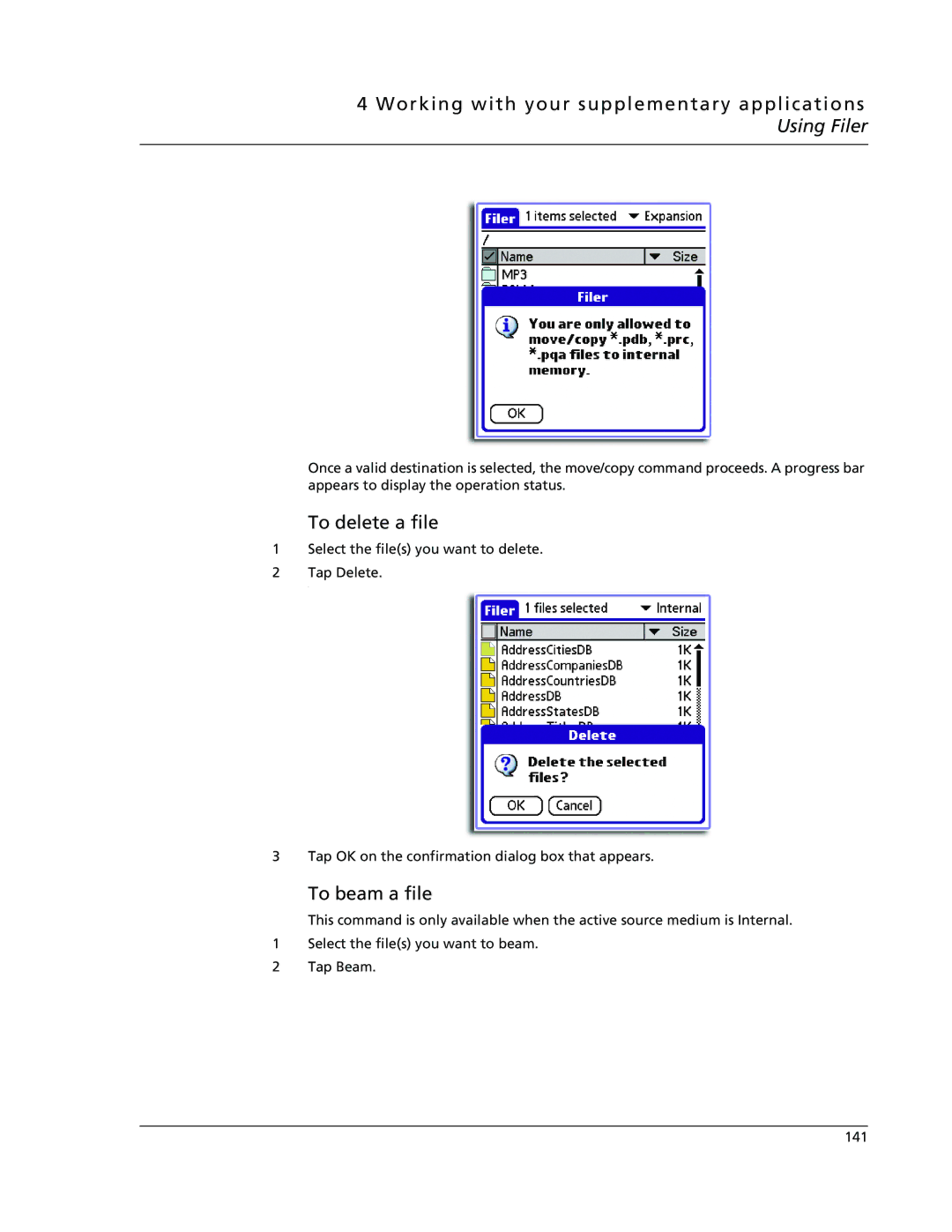 Acer s50, s60 user manual To delete a file, To beam a file 