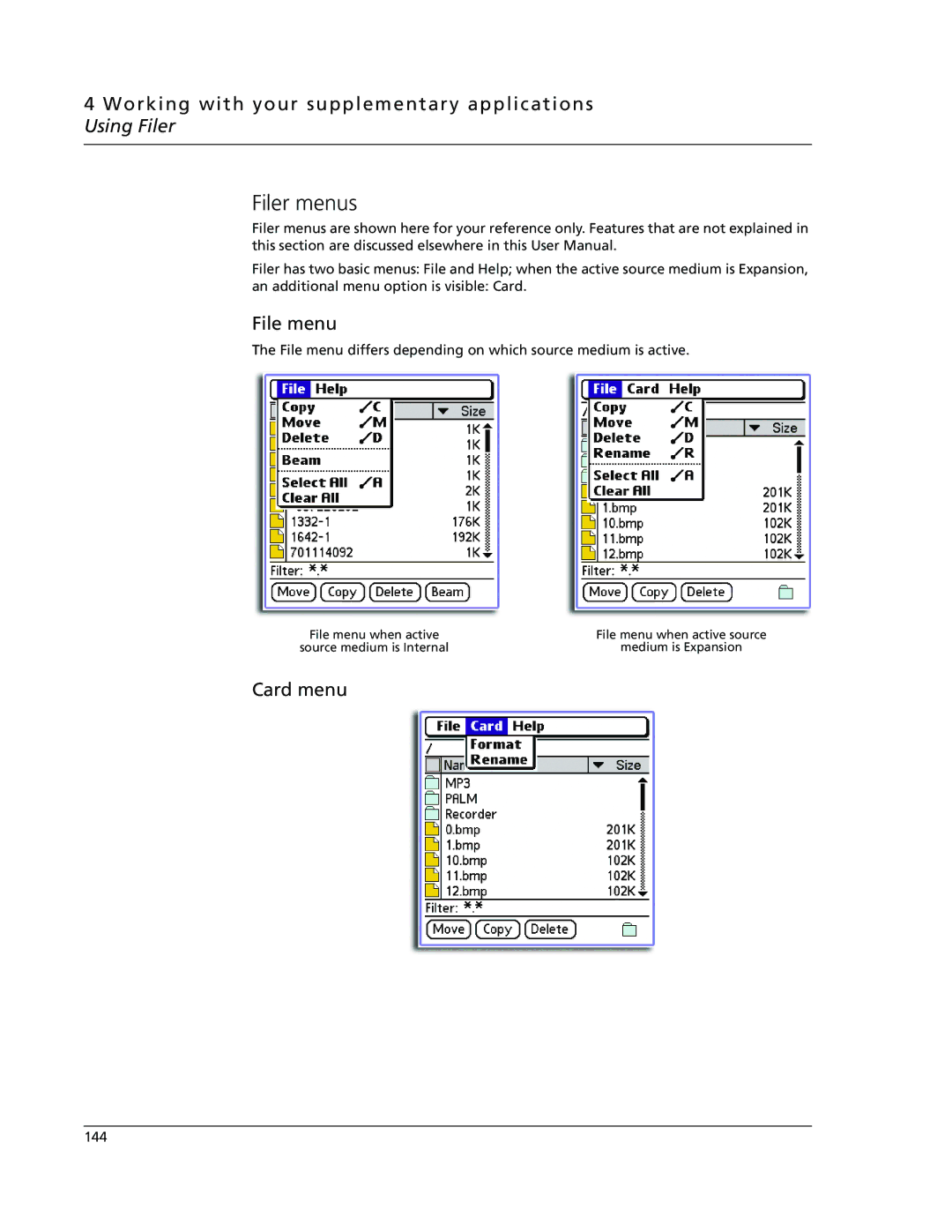 Acer s60, s50 user manual Filer menus, File menu, Card menu 