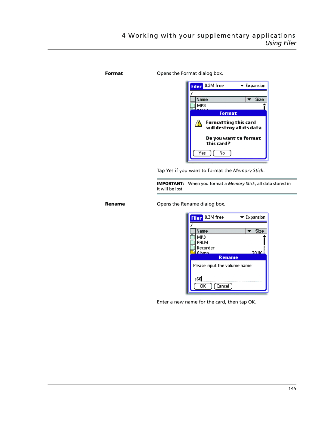 Acer s50, s60 user manual Format Opens the Format dialog box, Rename Opens the Rename dialog box 