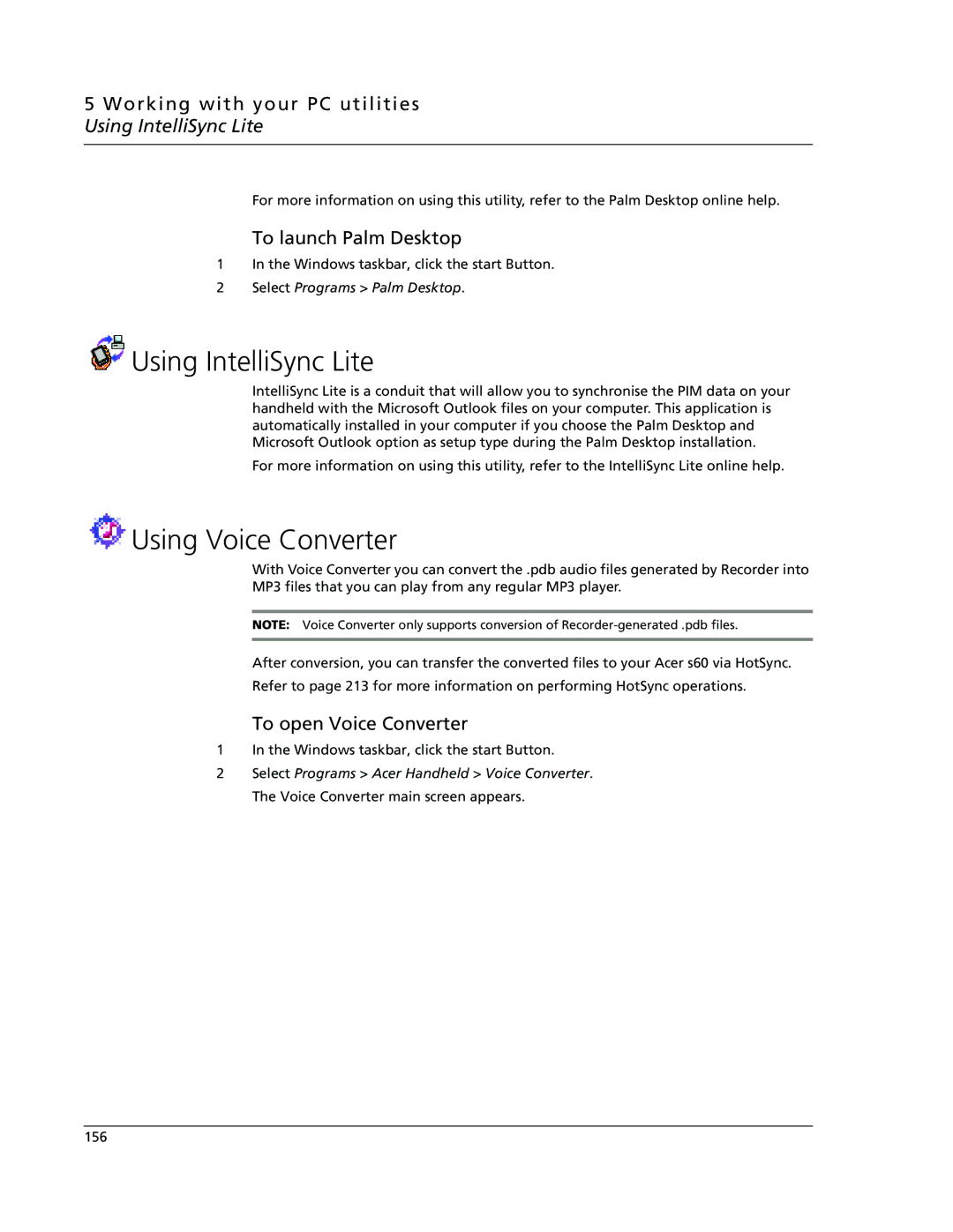 Acer s60, s50 Using Voice Converter, Working with your PC utilities Using IntelliSync Lite, To launch Palm Desktop 