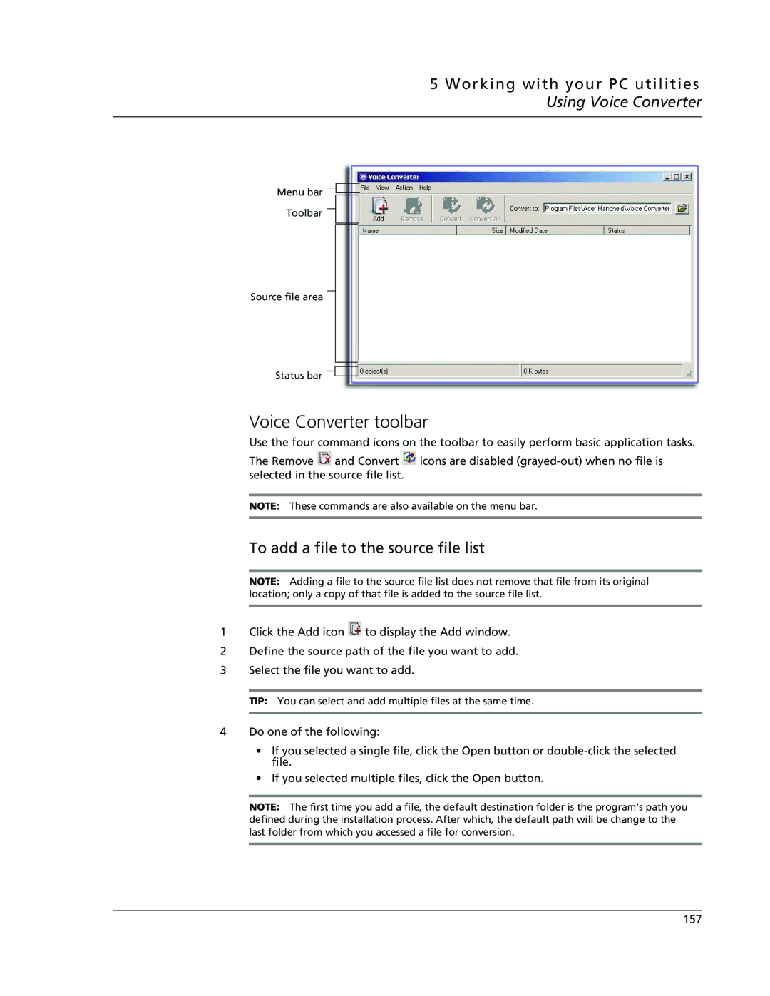 Acer s50, s60 user manual Voice Converter toolbar, Working with your PC utilities Using Voice Converter 