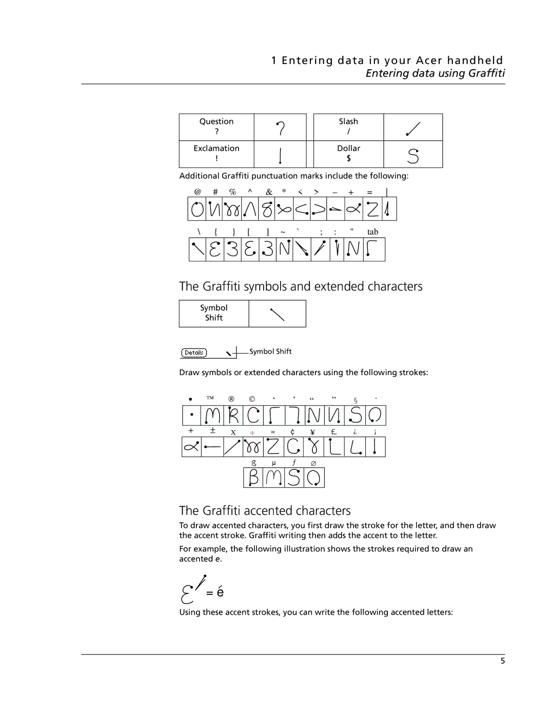 Acer s50, s60 user manual Graffiti symbols and extended characters, Graffiti accented characters 