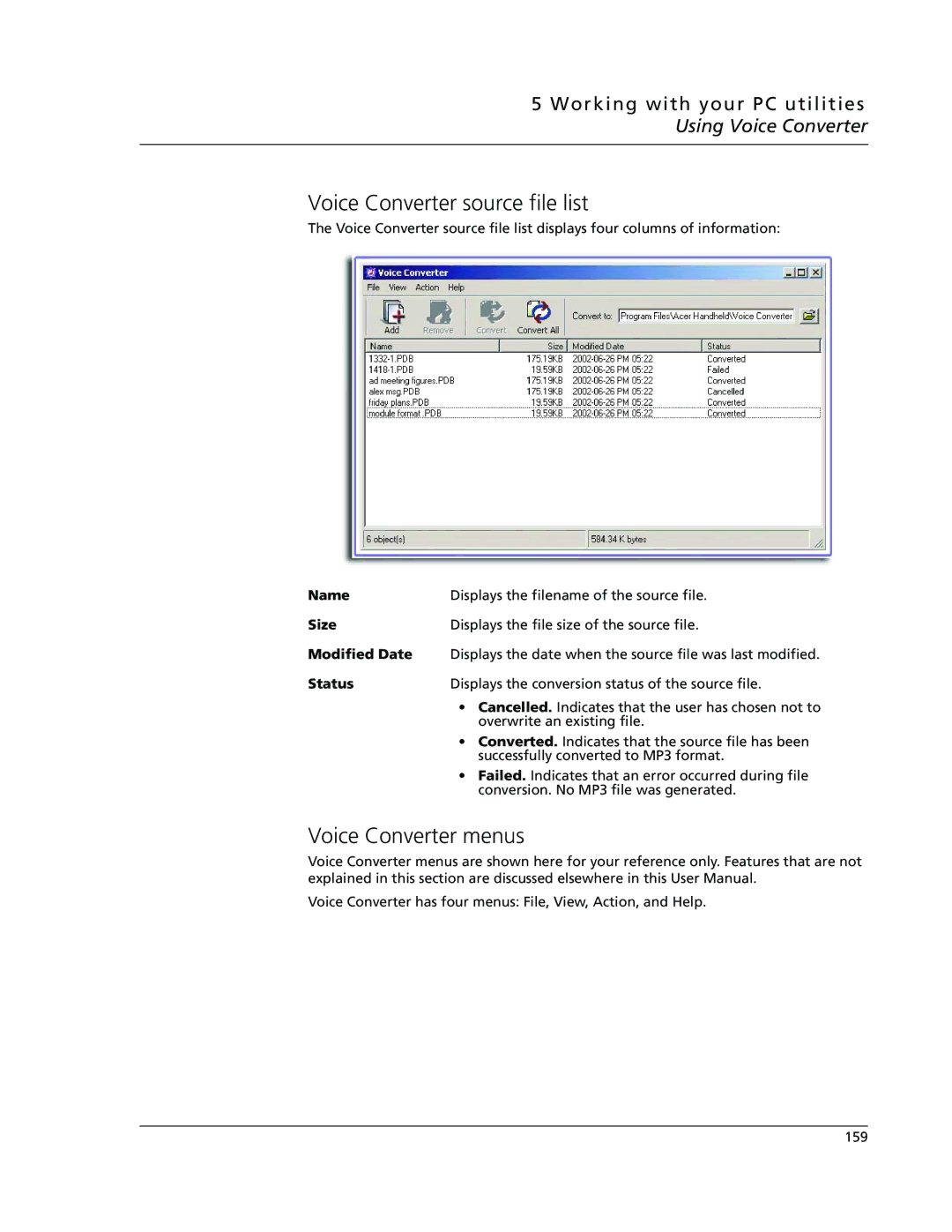 Acer s50, s60 user manual Voice Converter source file list, Voice Converter menus, Name, Modified Date, Status 