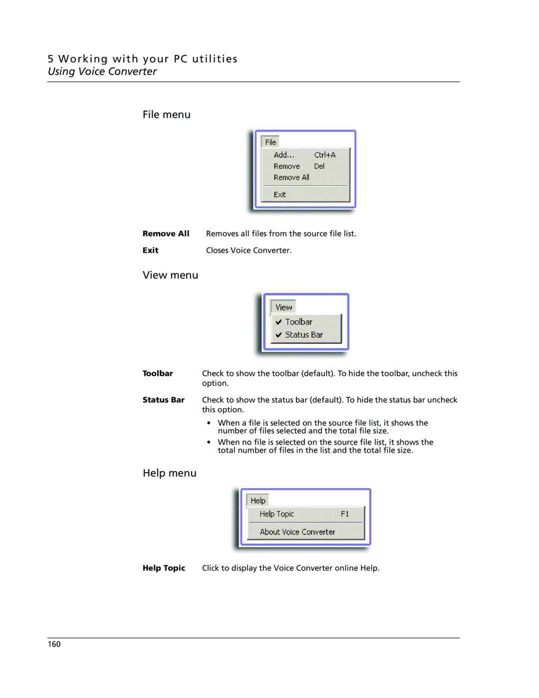 Acer s60, s50 user manual View menu, Exit, Toolbar, Status Bar 