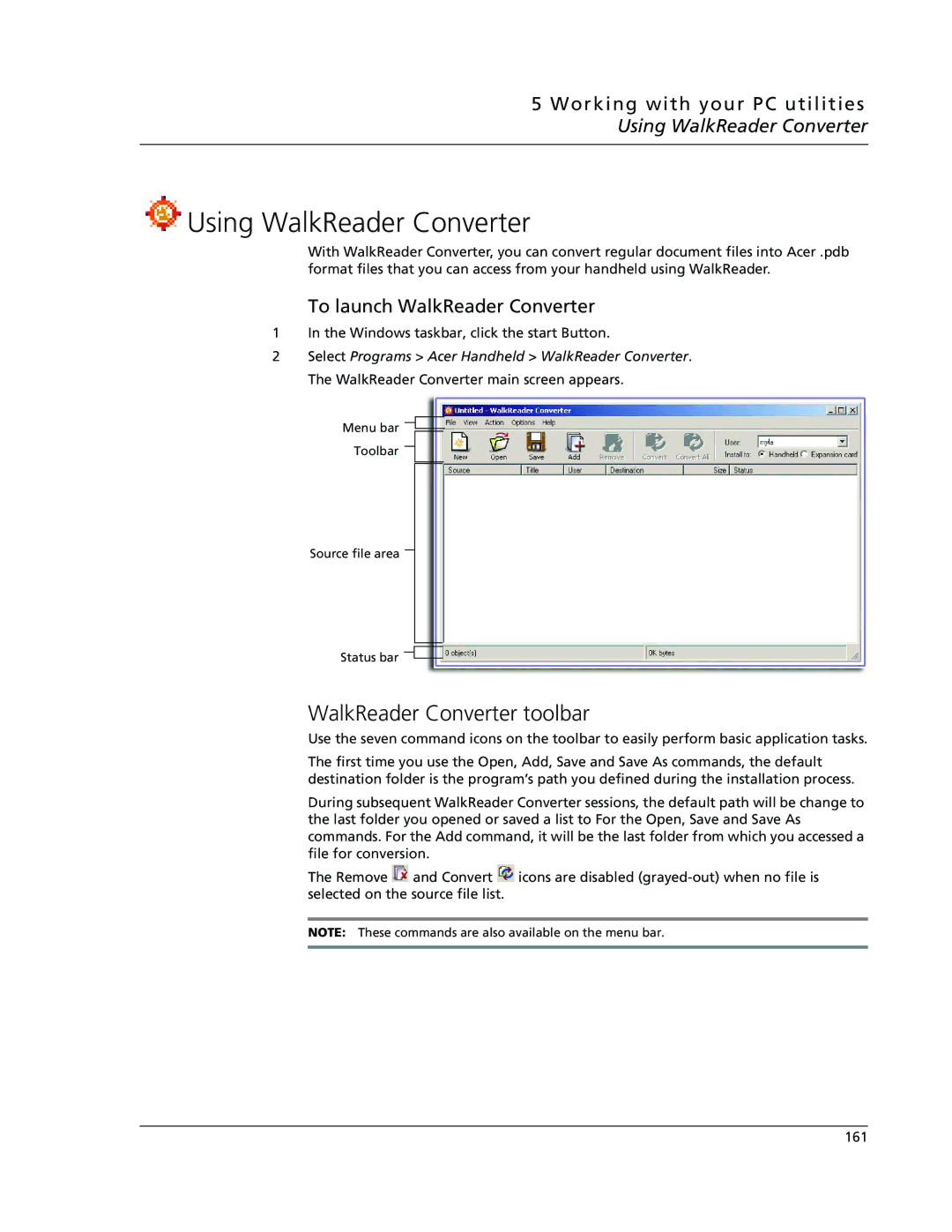 Acer s50, s60 user manual Using WalkReader Converter, WalkReader Converter toolbar, To launch WalkReader Converter 