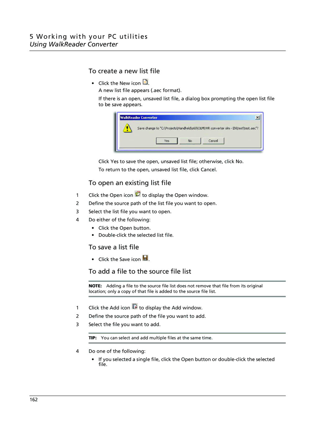 Acer s60, s50 user manual To open an existing list file, To save a list file 