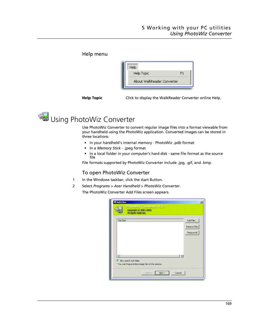 Acer s50, s60 user manual Using PhotoWiz Converter, To open PhotoWiz Converter 