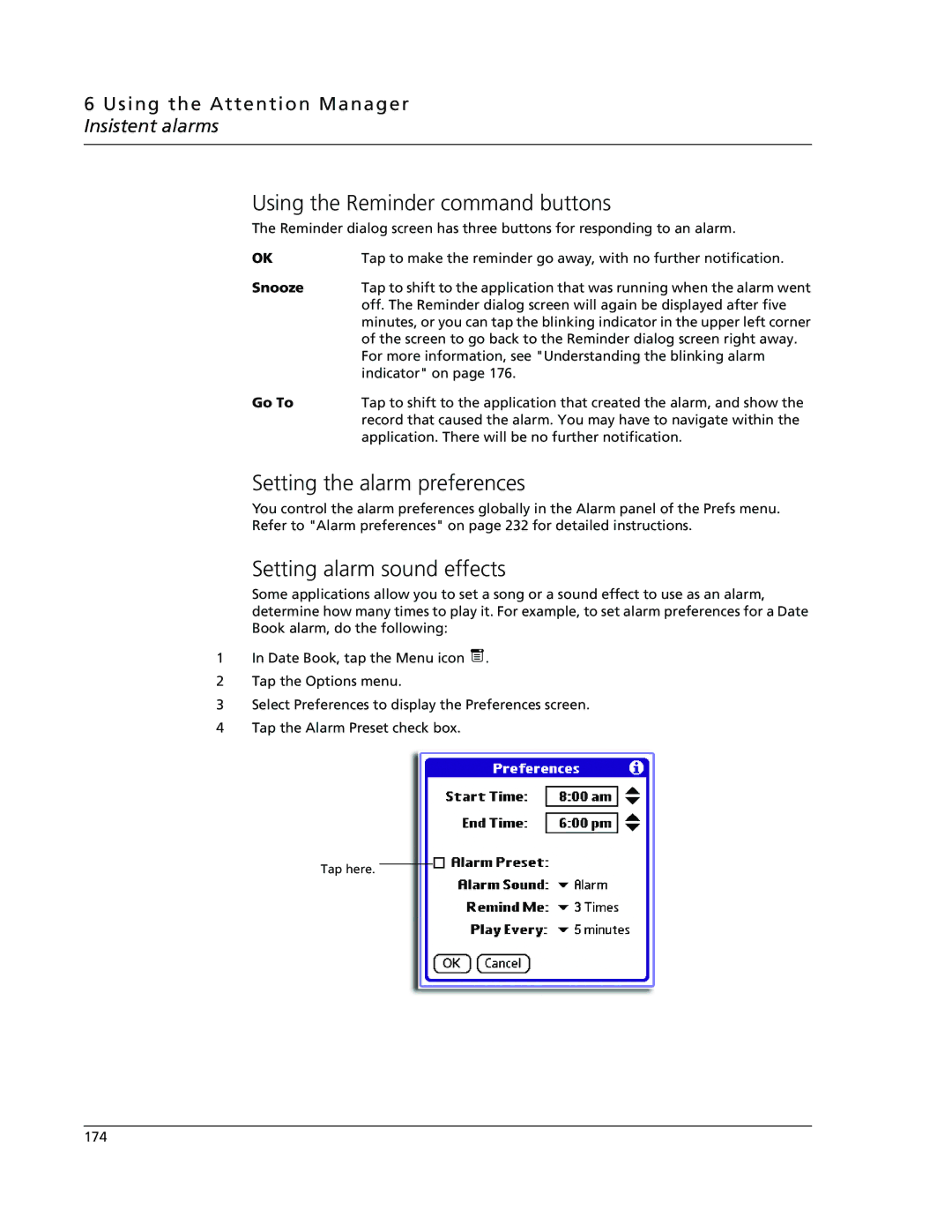 Acer s60, s50 user manual Using the Reminder command buttons, Setting the alarm preferences, Setting alarm sound effects 