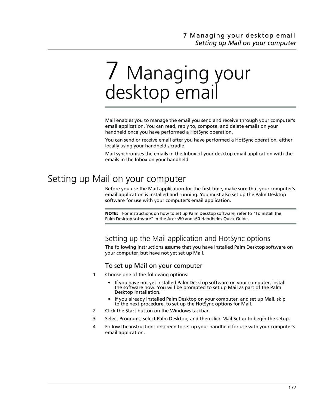 Acer s50, s60 user manual Setting up Mail on your computer, Setting up the Mail application and HotSync options 