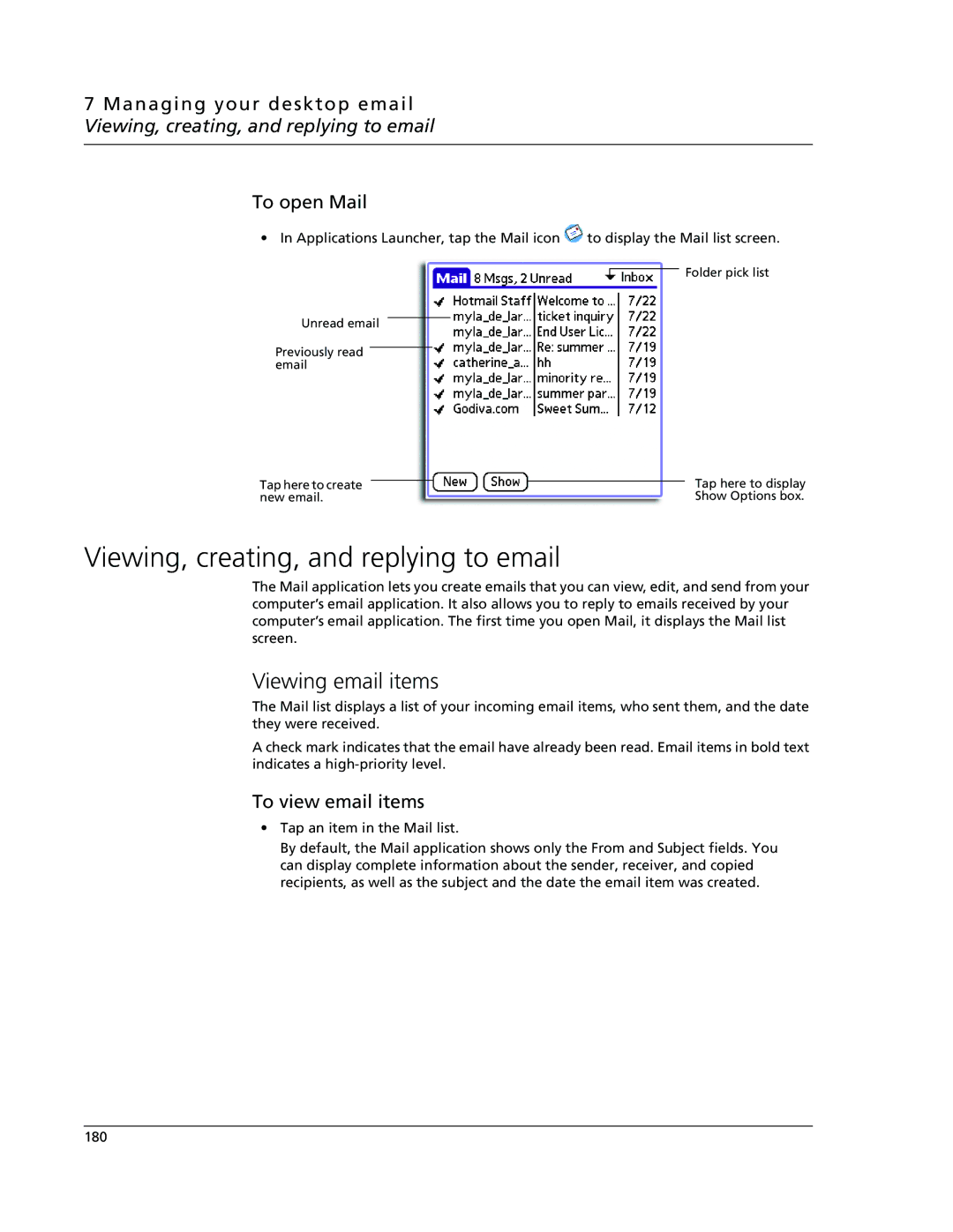 Acer s60, s50 user manual Viewing, creating, and replying to email, Viewing email items, To view email items 