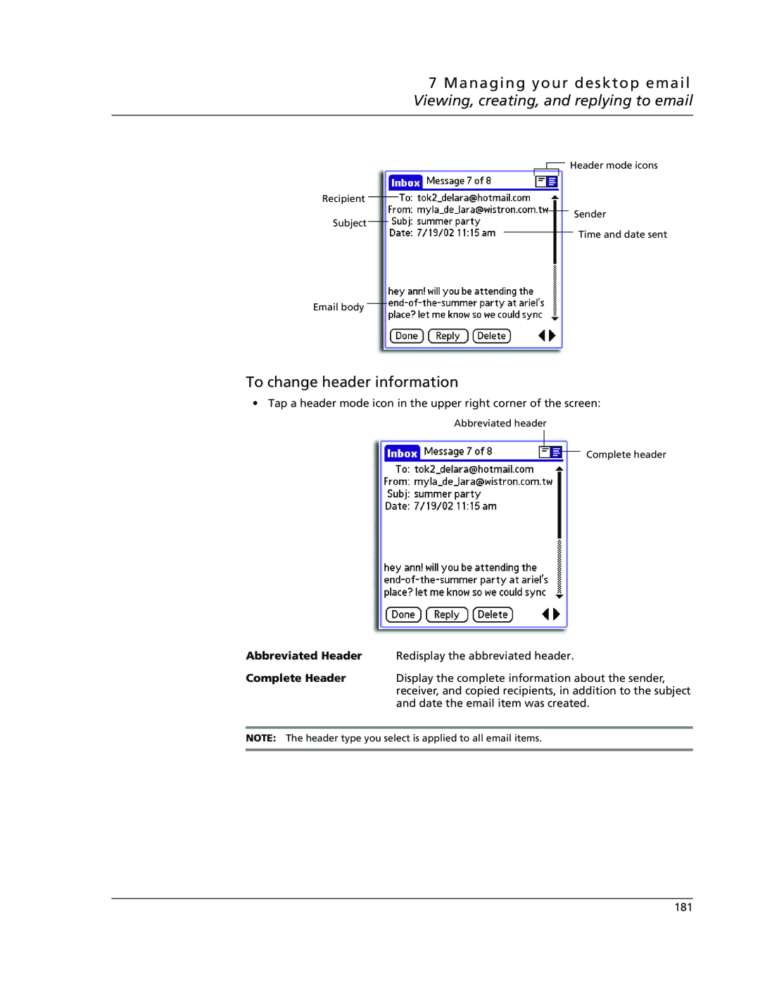 Acer s50, s60 user manual To change header information, Abbreviated Header, Complete Header 