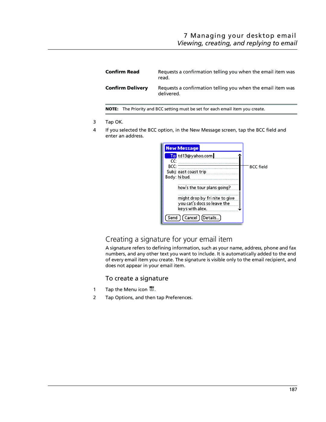 Acer s50, s60 user manual Creating a signature for your email item, To create a signature, Confirm Read, Confirm Delivery 