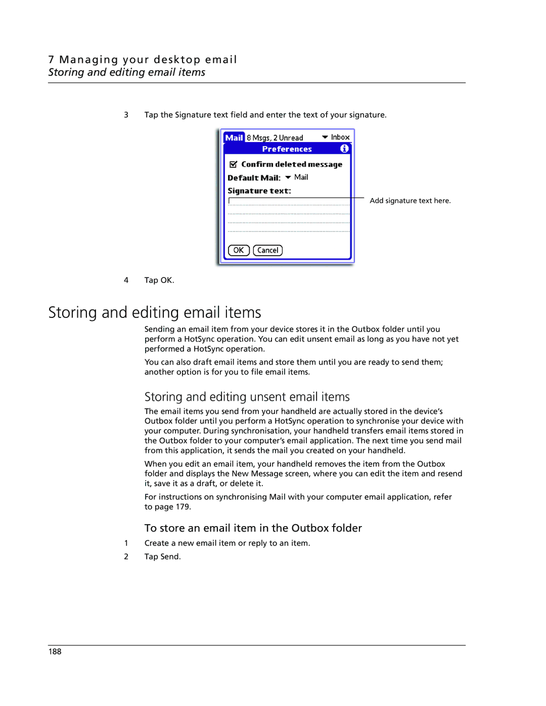 Acer s60, s50 user manual Storing and editing email items, Storing and editing unsent email items 