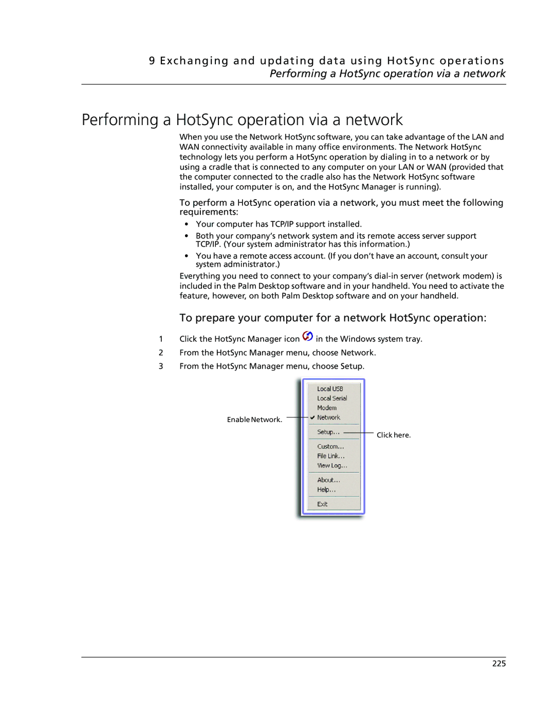 Acer s50, s60 Performing a HotSync operation via a network, To prepare your computer for a network HotSync operation 