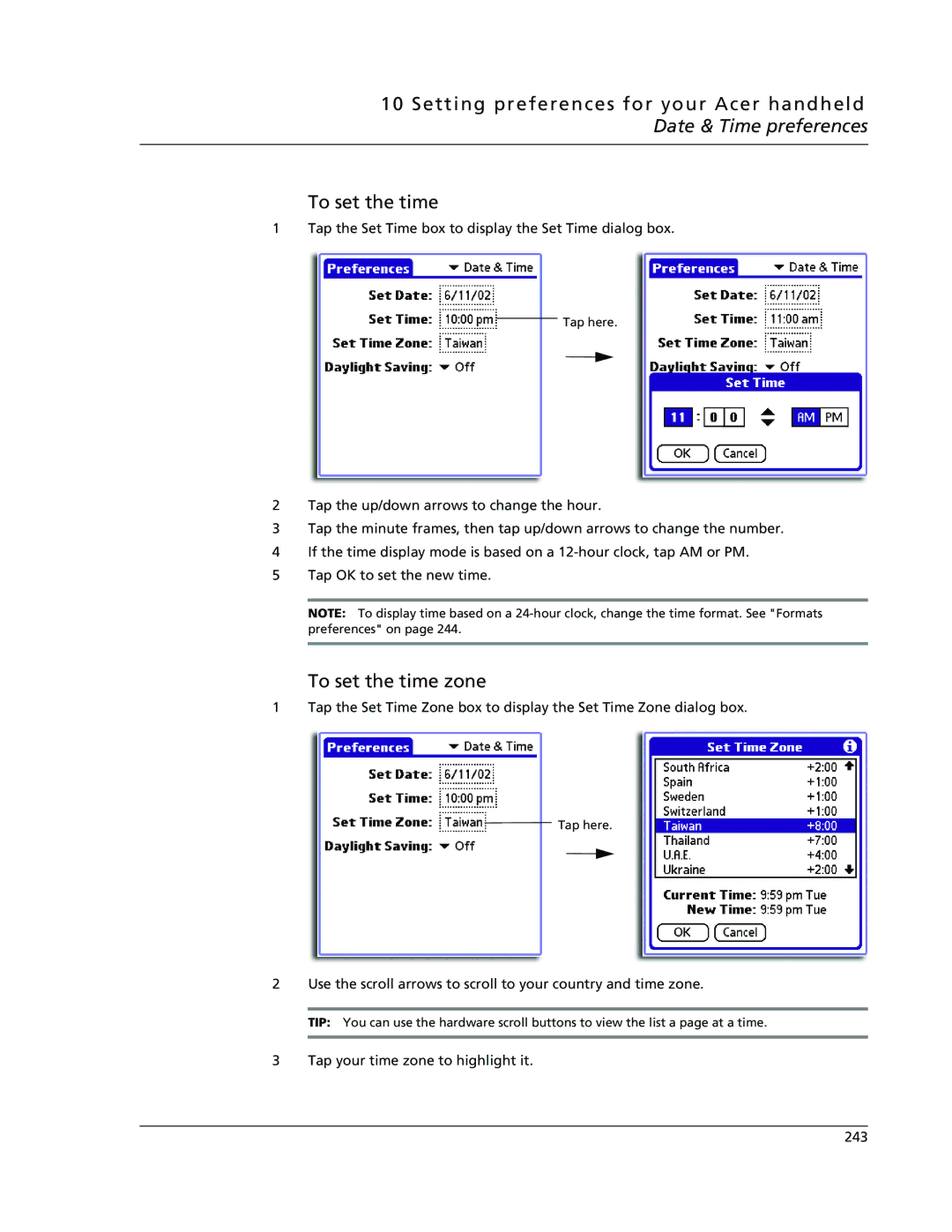 Acer s50, s60 user manual To set the time zone 