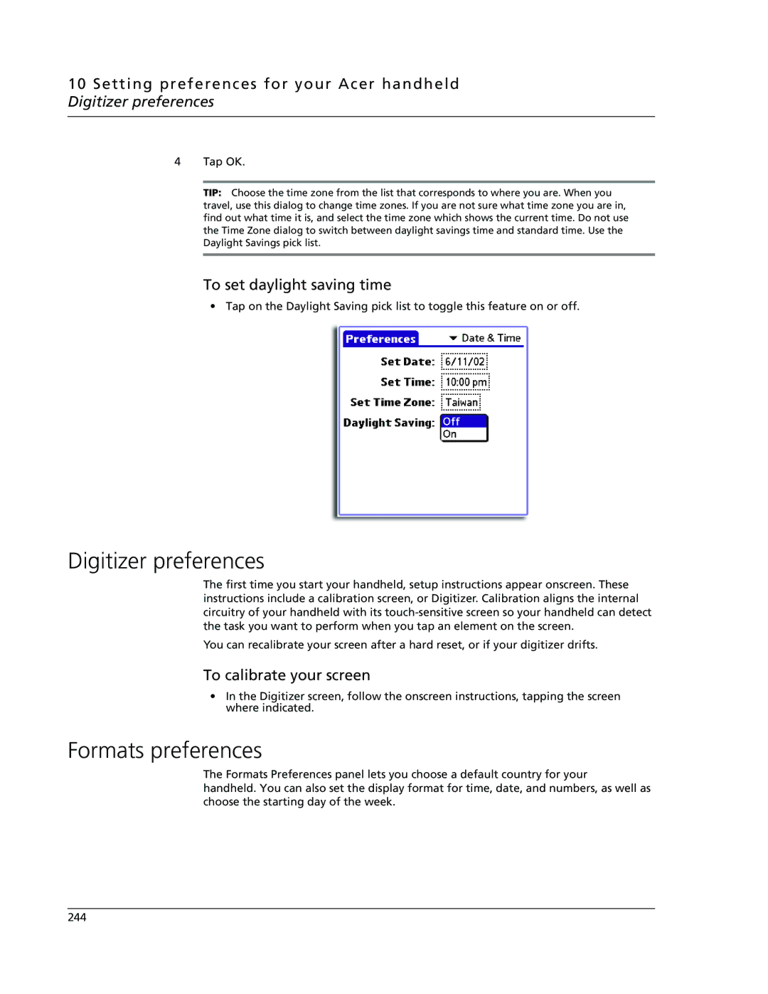 Acer s60, s50 user manual Digitizer preferences, Formats preferences, To set daylight saving time, To calibrate your screen 