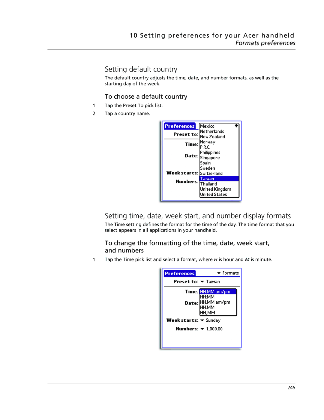 Acer s50 Setting default country, Setting time, date, week start, and number display formats, To choose a default country 