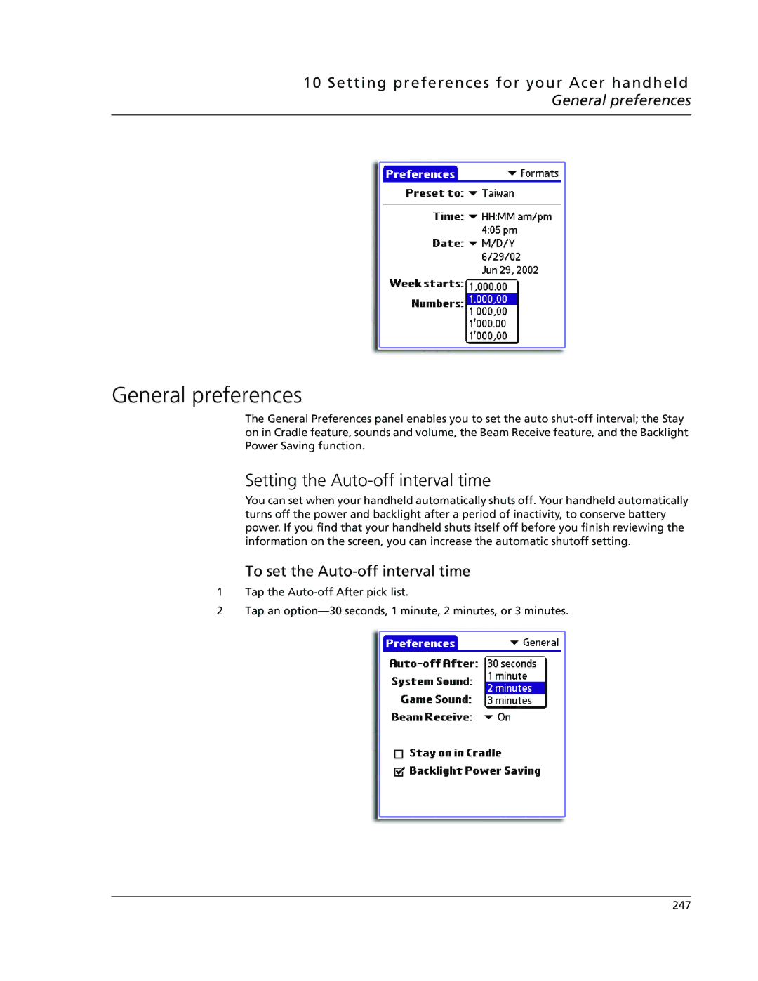 Acer s50, s60 user manual General preferences, Setting the Auto-off interval time, To set the Auto-off interval time 