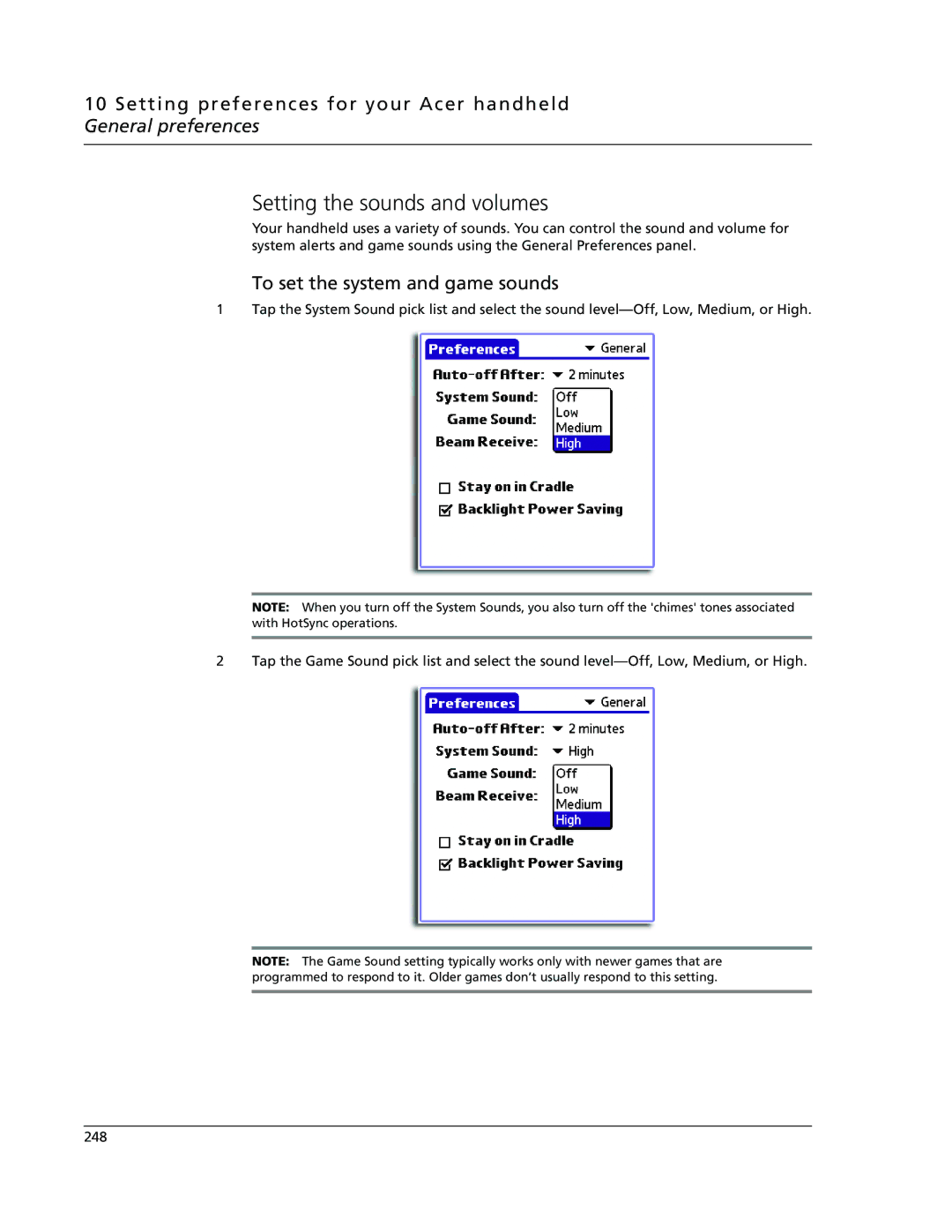 Acer s60, s50 user manual Setting the sounds and volumes, To set the system and game sounds 