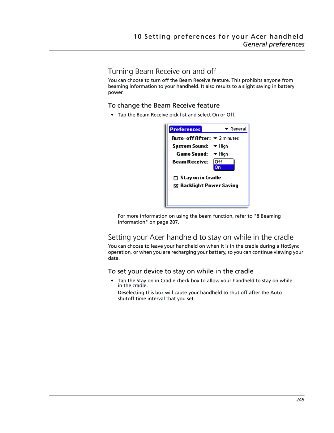 Acer s50, s60 user manual Turning Beam Receive on and off, Setting your Acer handheld to stay on while in the cradle 