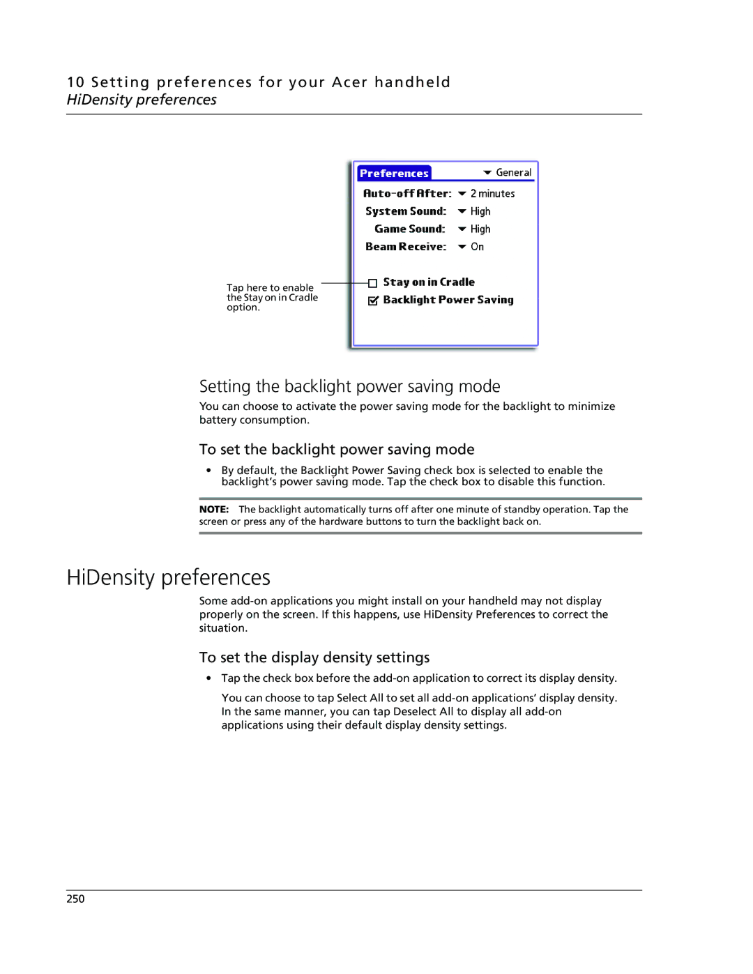 Acer s60, s50 HiDensity preferences, Setting the backlight power saving mode, To set the backlight power saving mode 