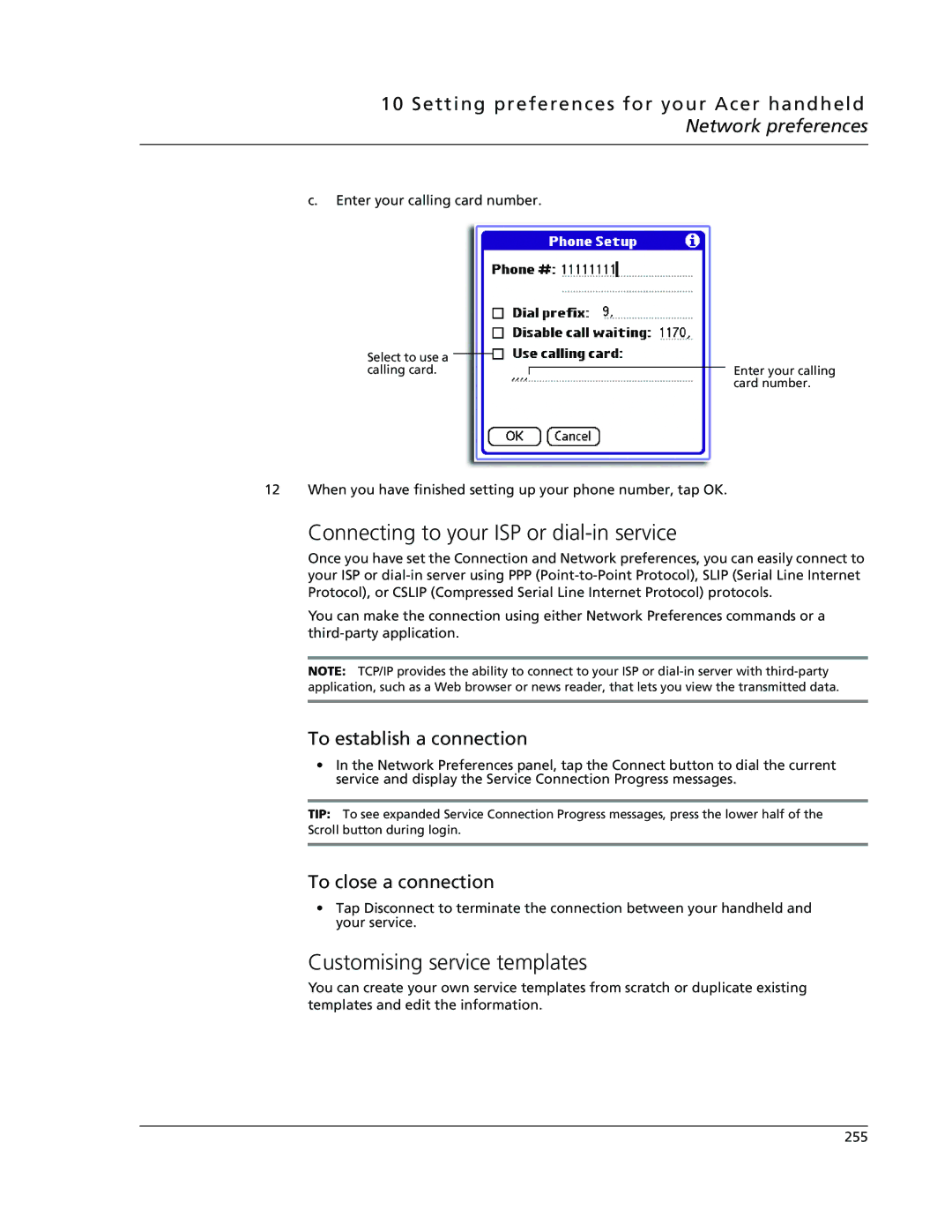 Acer s50, s60 Connecting to your ISP or dial-in service, Customising service templates, To establish a connection 