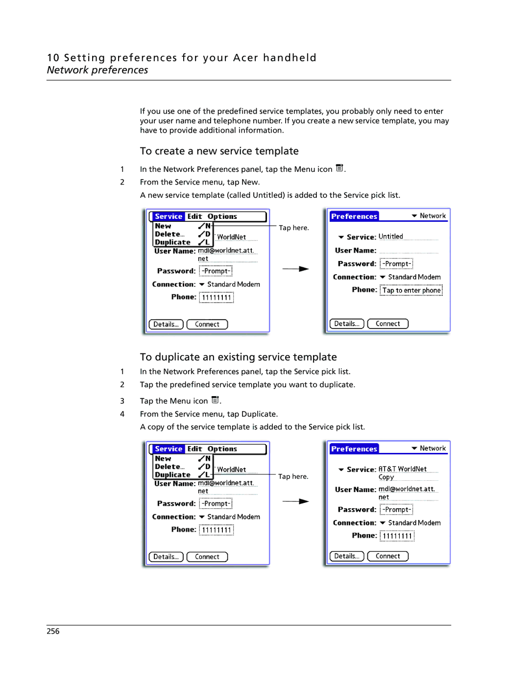 Acer s60, s50 user manual To create a new service template, To duplicate an existing service template 