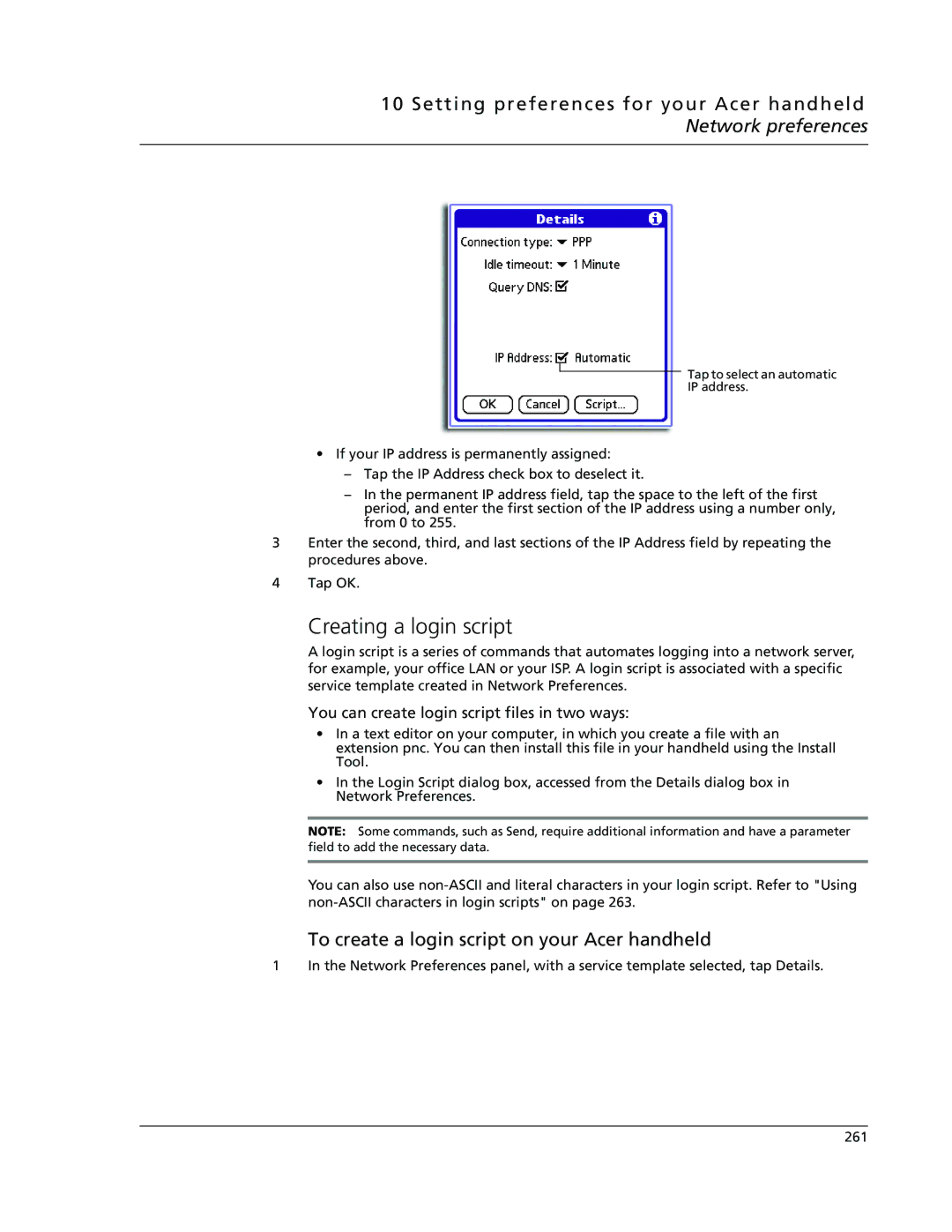 Acer s50, s60 user manual Creating a login script, To create a login script on your Acer handheld 