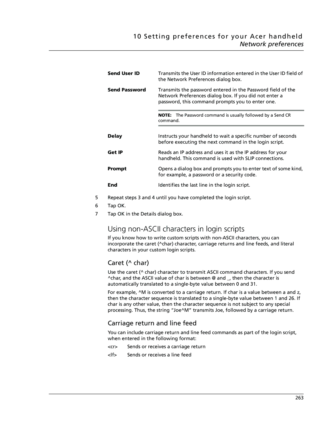 Acer s50, s60 user manual Using non-ASCII characters in login scripts, Caret char, Carriage return and line feed 