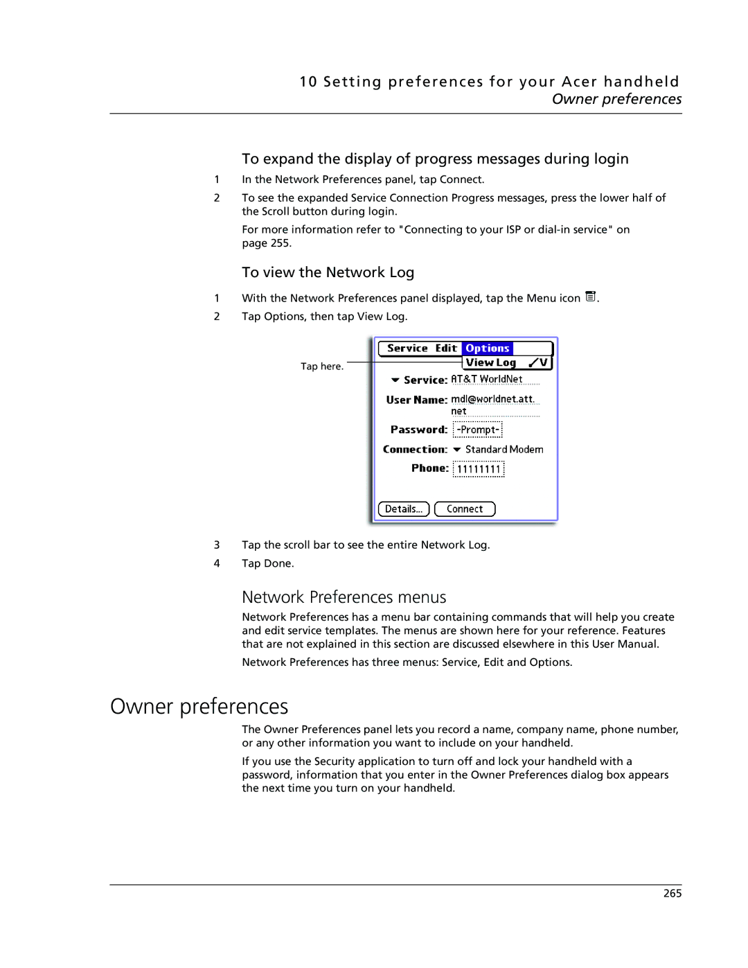 Acer s50, s60 user manual Owner preferences, Network Preferences menus, To view the Network Log 