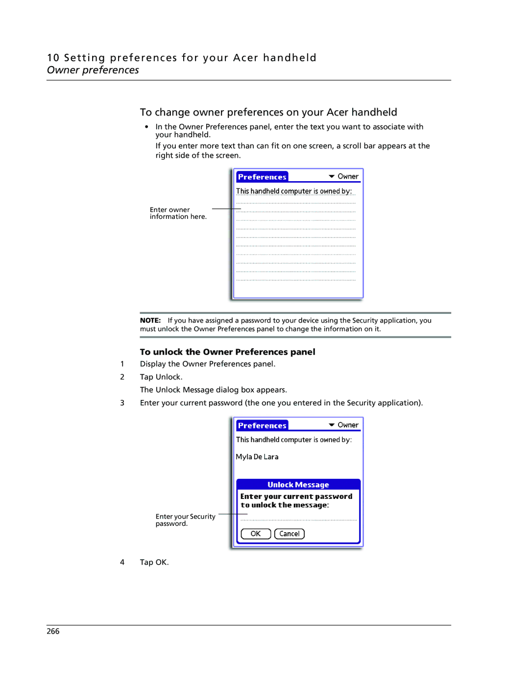 Acer s60, s50 user manual To unlock the Owner Preferences panel 