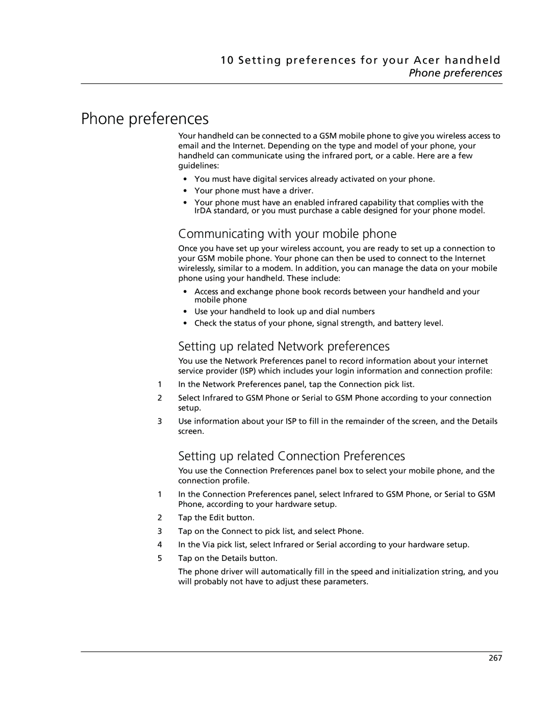 Acer s50, s60 user manual Phone preferences, Communicating with your mobile phone, Setting up related Network preferences 