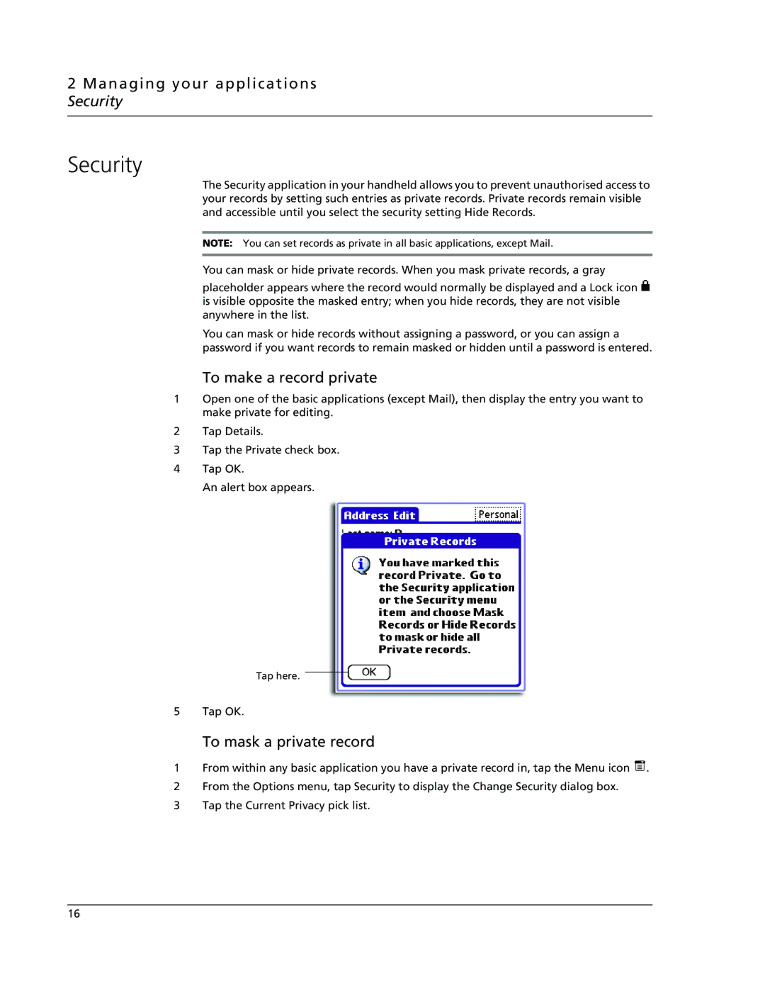 Acer s60, s50 user manual Managing your applications Security, To make a record private, To mask a private record 