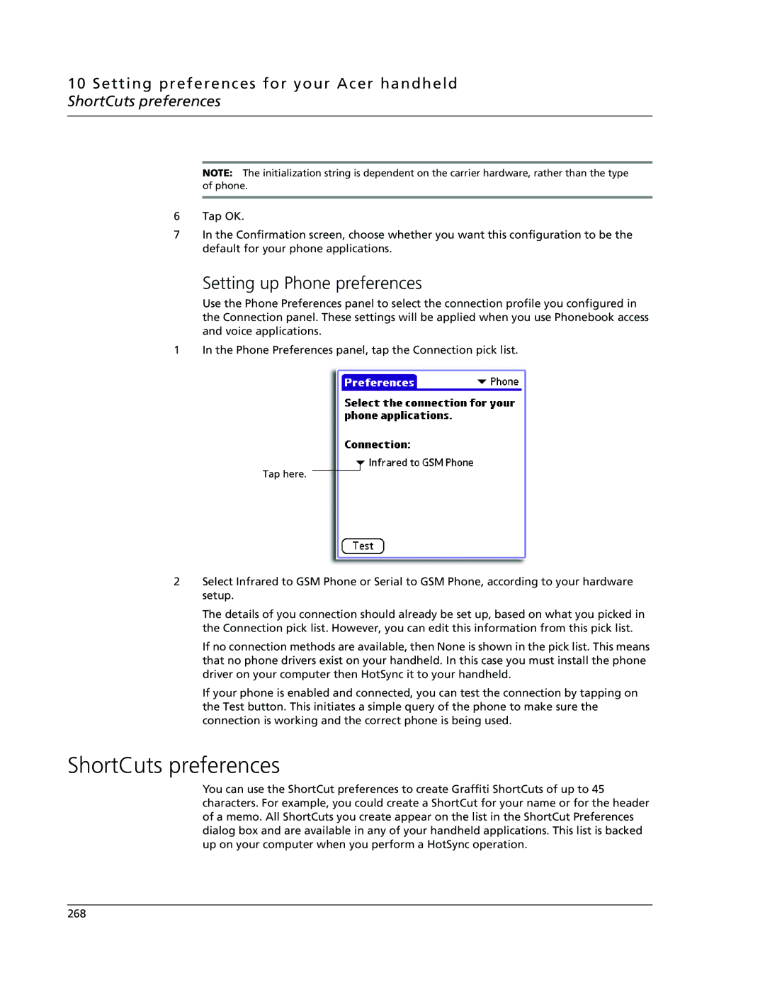 Acer s60, s50 user manual ShortCuts preferences, Setting up Phone preferences 